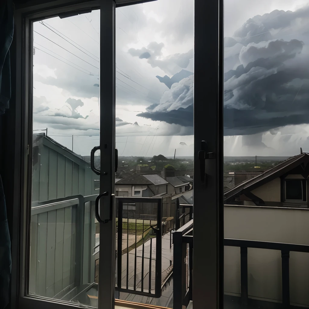 Looking through a dirty smudged window with cobwebs onto the outside, with rain and storm clouds