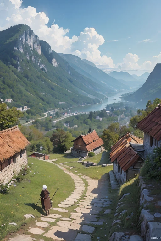 big Slavic village up on the mountain, thatched roofs, early medieval, village on a rocky cliff, tightly packed houses, narrow passages, tight spaces, clustered settlement