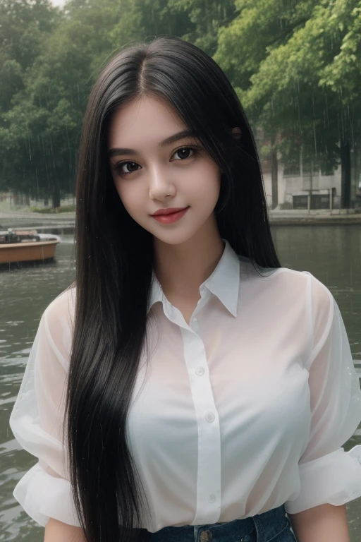 realistic photo of A beautiful girl wearing white transparent shirt in rainy day, highres, masterpiece, 1girl, solo, best quality, realistic, long black hair upsweep, ((round eyes)), lagoon, outside, sexy figure, (Sexy woman), (long hair), (30 years), smile, excited, 4K, HDR.