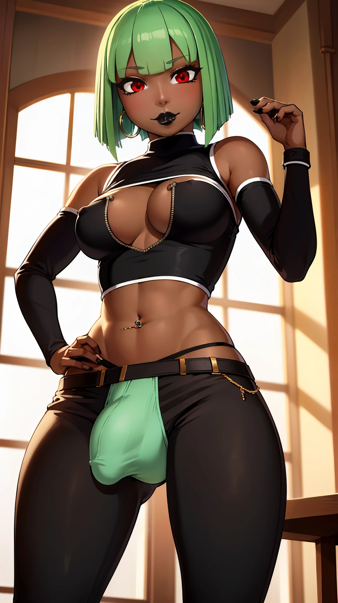 (solo:1.1),(masterpiece), (best quality:1.3), highly detailed, intricate, professional art, digital art, absurdres, confidant, emerald sustrai, futanari emerald sustrai wearing a green crop-top cleavage cutout detached sleeves and pants confidently posing with hand on hip indoors, pants, 1girl, solo, (dark skin:1.4), green hair, bob hair, gold hoop earrings, gold jewellery, ab lines, (gold navel piercing:1.1), detailed stomach, red eye colour, dark skin, small breasts, (aroused:1.2), (futanari:1.1), (wide hips:1.4), (makeup 1:1), beestung lips, (black lipstick:1.3), penis bulge, pants straps riding hips, (crotch bulge:1.4), crotch bulge, testicle bulge , furniture, frontal view, universal lighting