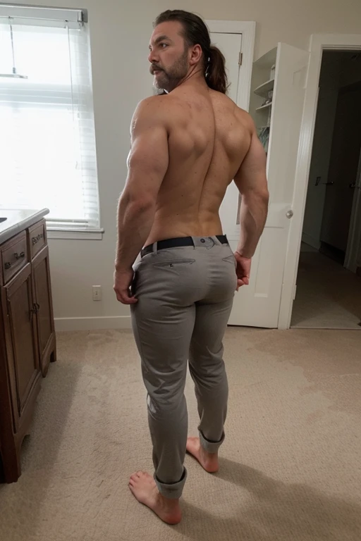 An impressive realistic photo of a large, muscular, hairy and masculine man, 40 years old, full body,mustache, naked formal gray metalic tigth pants bubble butt, backside, facing the camera.