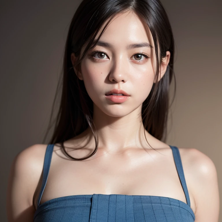 Best quality, masterpiece, ultra high res, (photorealistic:1.4), raw photo,1girl, solo, realistic, looking at viewer, waist up pose , simple background, bare shoulders, bedtime Minimalist blue dress