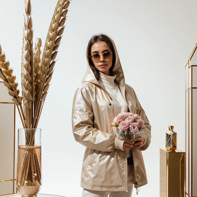 Perfect alignment, Sand monk in jacket,Crystal vases,Rose, Wearing sunglasses, cheerfulness, Standing position, Abstract beauty, centered, Looking at the camera, facing the camera, getting closer to perfection, Dynamic, very detailed, smooth, sharp focus, 8 k, High Definition Resolution, illustration, Art by Karn Griffiths and Vadim Kashin, White background