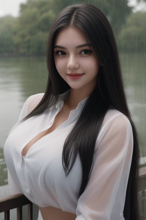 realistic photo of A beautiful girl wearing white transparent shirt in rainy day, highres, masterpiece, 1girl, solo, best quality, realistic, long black hair upsweep, ((round eyes)), lagoon, outside, sexy figure, (Sexy woman), (long hair), (30 years), smile, excited, 4K, HDR.