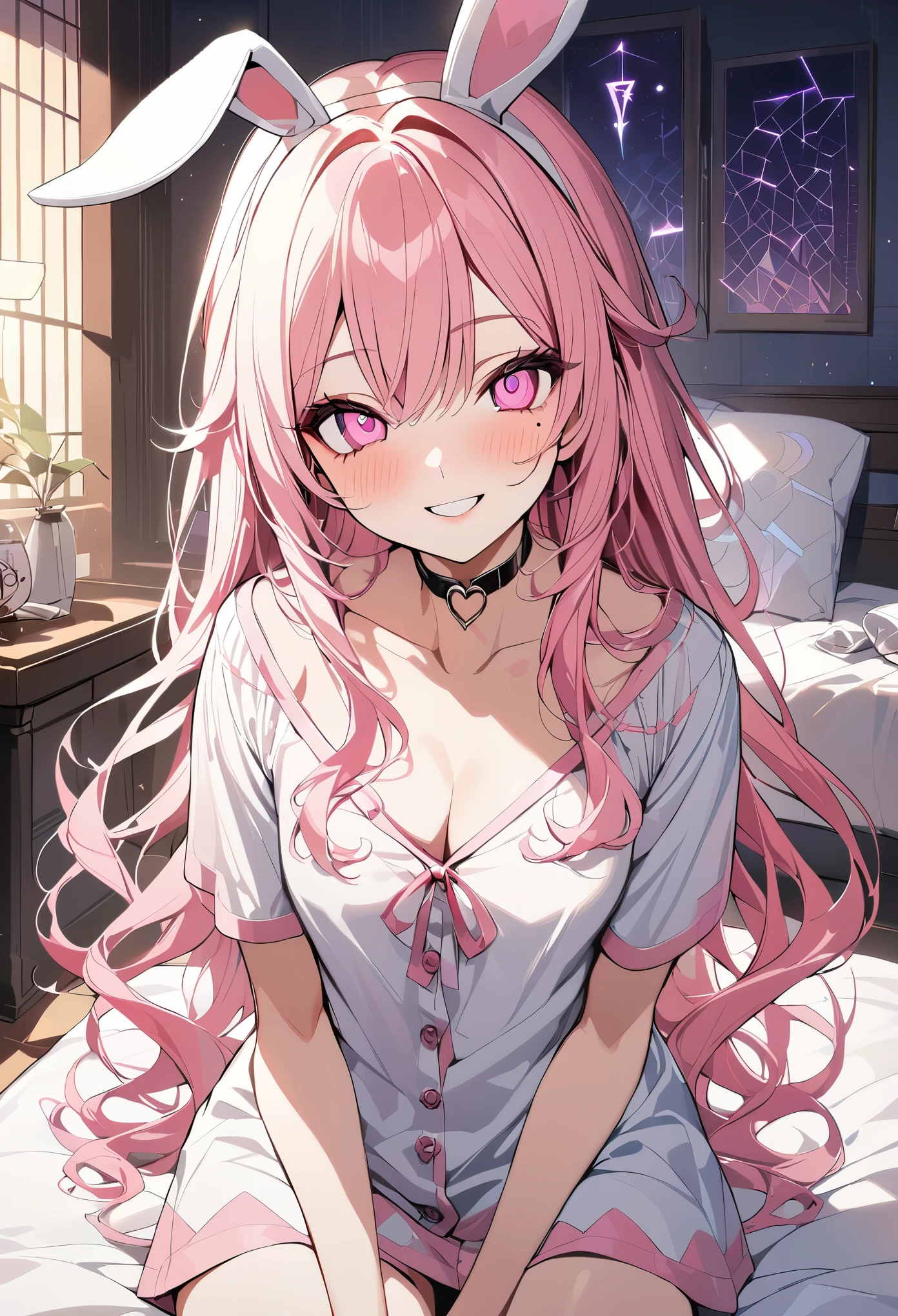 1 girl, pink long hair, heart shaped eyes,Bunny ears, {Pink semi-long hairの女の子、 The name Nami}, (Pink eye color), {night、nightの寝室、dark、electricity、bed、pajamas}, (smile) , mole under eye, heart shaped choker, (masterpiece, highest quality), very detailed, highest quality, official art, beautiful and aesthetic: 1.2), (1 girl), very detailed, (geometry art: 1.3), colorful, most detailed ?d1 girl, Pink semi-long hair, Eye of the symbol, {A girl with long pink bun hair The name Nami}, (Pink eye color), (smile),mole under eye, heart shaped choker, (masterpiece, highest quality), official art, beautiful and aesthetic: 1.2), (1 girl), very detailed, (geometry art: 1.3), colorful