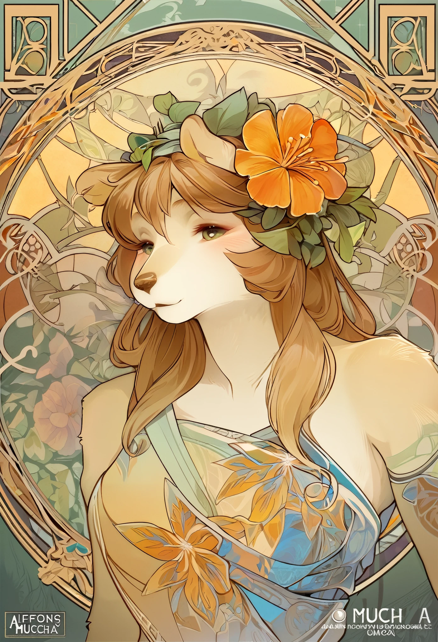 top quality, best quality, logo mark, stamp, Geometric pattern, vector-art, High-quality illustrations by Alfons Mucha, masterpiece(kemono, furry anthro)flower,