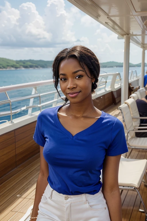 Create a photorealistic image of a happy African American woman wearing short sleeve Gildan Softstyle royal blue v-neck t-shirt on the deck of a cruise ship
