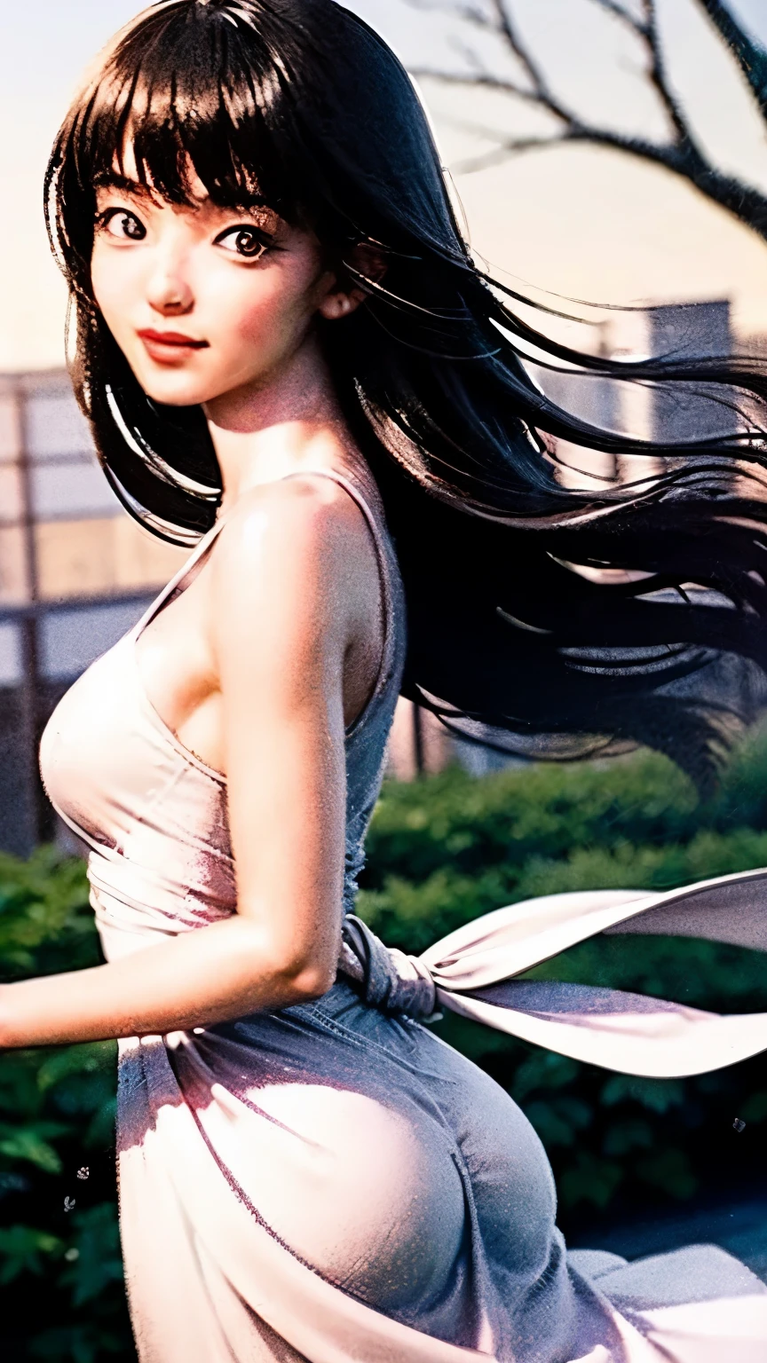 (logo、masterpiece、8K、table top、Raw photo、wonderful、最high quality、Photorealistic and very detailed CG integrated 8k wallpaper、high quality、very detailed、narrative poem、particle effects、dynamic effects、Depth of the bounds written、cinematic light、Lens flare、ray tracing)、fantasy、 (1 beautiful woman、dress、dress、cherry blossom pattern、black haired、beautiful face、real face、beautiful details eyes beautiful skin)、my hair dances in Wind、Hair flutters in Wind、hair bounces、pink cherry tree、petals dance、SakuraFubuki、Spectacular view、sunrise、sun on background、Wind、