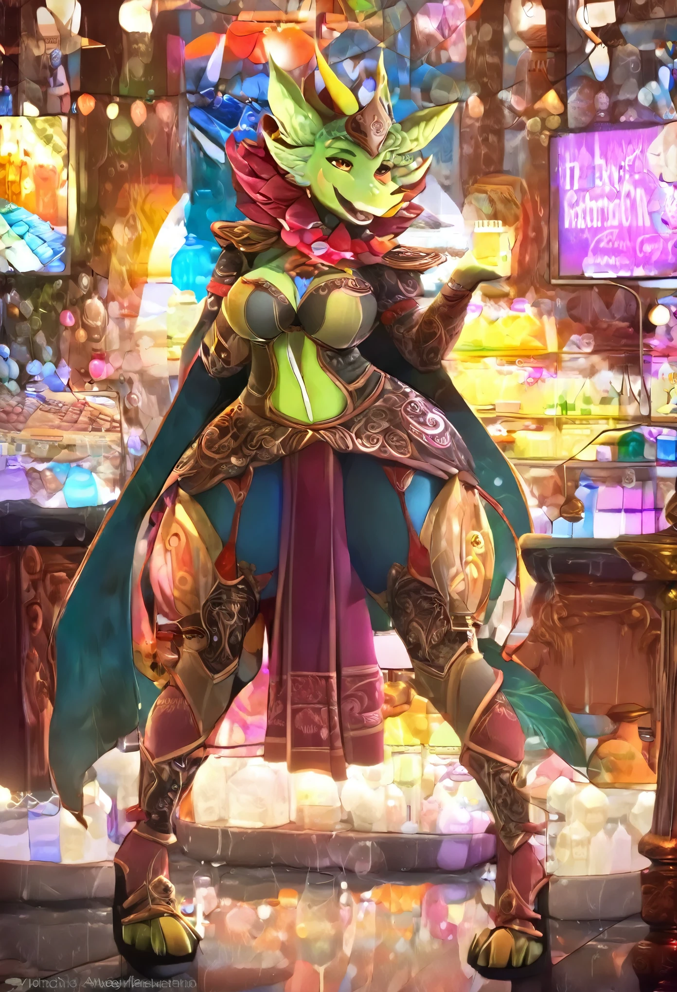 (masterpiece, 4K, ultra detailed, RAW photogr:1.2)illustratio, massive green dragon, tight medieval clothing, massive Chest bulge, welcoming smile, the counter in a shop, full of glowing potions, dynamic angle,