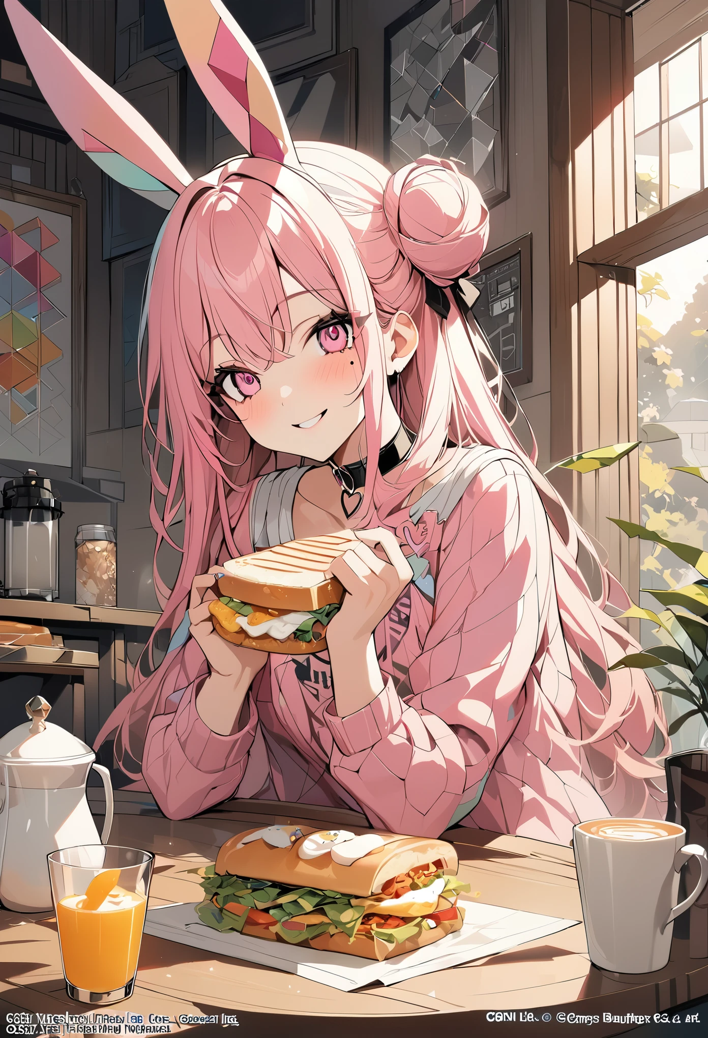1 girl, pink long hair, heart shaped eyes,Bunny ears, {Pink semi-long hairの女の子、 The name Nami}, (Pink eye color), {breakfast、fried egg、sandwich、coffee}, (smile), bright background , mole under eye, heart shaped choker, (masterpiece, highest quality), very detailed, highest quality, official art, beautiful and aesthetic: 1.2), (1 girl), very detailed, (geometry art: 1.3), colorful, most detailed ?d1 girl, Pink semi-long hair, Eye of the symbol, {A girl with long pink bun hair The name Nami}, (Pink eye color), {breakfast、fried egg、sandwich、coffee}, (smile), bright background, (garden,beautiful flower々),mole under eye, heart shaped choker, (masterpiece, highest quality), official art, beautiful and aesthetic: 1.2), (1 girl), very detailed, (geometry art: 1.3), colorful