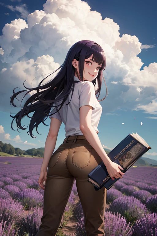obra de arte, absurdos , (detalhes intrincados), (colorida),cinematic lighting,papel de parede extremamente detalhado da unidade CG 8k ,Hinata\(boruto\), 1 garota, Sozinho, Moletom roxo ,Brown pants, from behind,mangas em camadas, tiro de vaqueiro, looking back, olhando para o espectador,Sorriso, ao ar livre, lavender flor field,flor, dia, cloudy sky, Vento, cabelo flutuante, falling petals