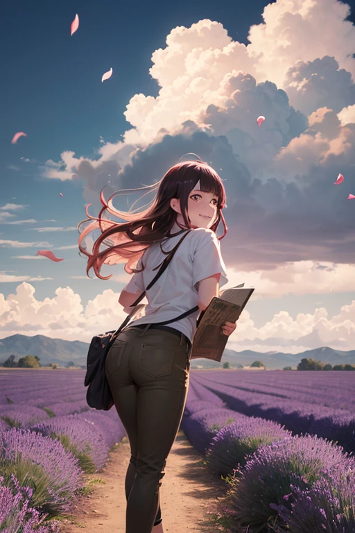 obra de arte, absurdos , (detalhes intrincados), (colorida),cinematic lighting,papel de parede extremamente detalhado da unidade CG 8k ,Hinata\(boruto\), 1 garota, Sozinho, Moletom roxo ,Brown pants,  from behind,mangas em camadas, tiro de vaqueiro,  looking back, olhando para o espectador,Sorriso, ao ar livre, lavender flor field,flor, dia, cloudy sky, Vento, cabelo flutuante, falling petals