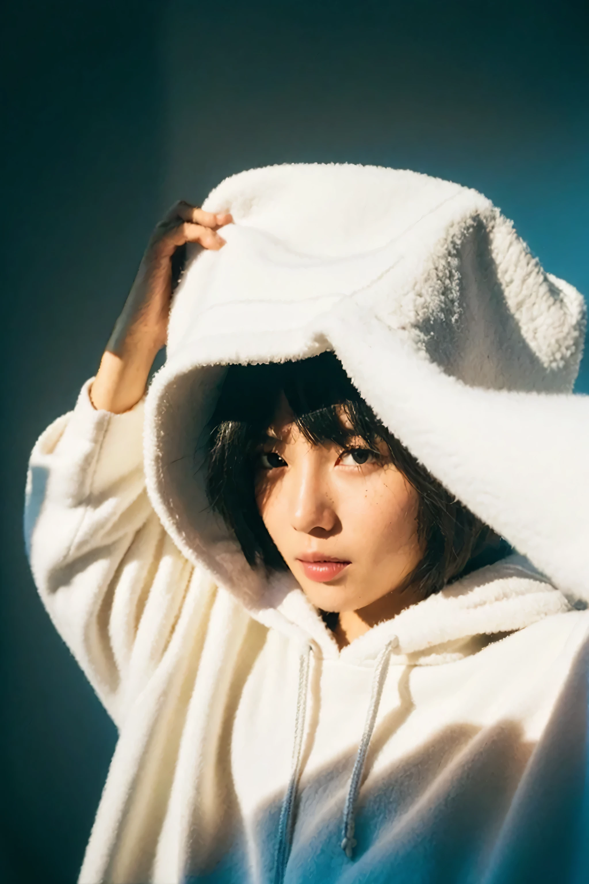 arafed woman in a white hoodie and a white hat, black haired girl wearing hoodie, girl wearing hoodie, in a hoodie, shikamimi, kotegawa yui, chiho, portrait a woman like reol, by Tadashi Nakayama, kimi takemura, wearing a simple robe, shiori teshirogi, kiko mizuhara