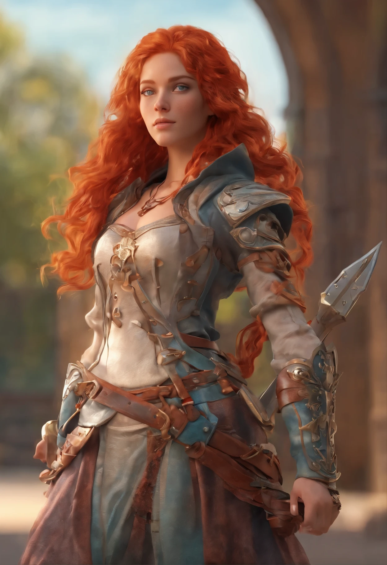 Redhead haired woman in armor with sword and shield in front of archway ...