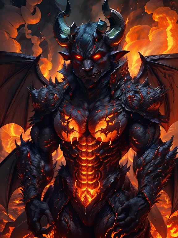 nosferatu zodd monsters forest, zodd is demon form((giant bat wings, two big head horns, mad, on fire)) , infernal armor