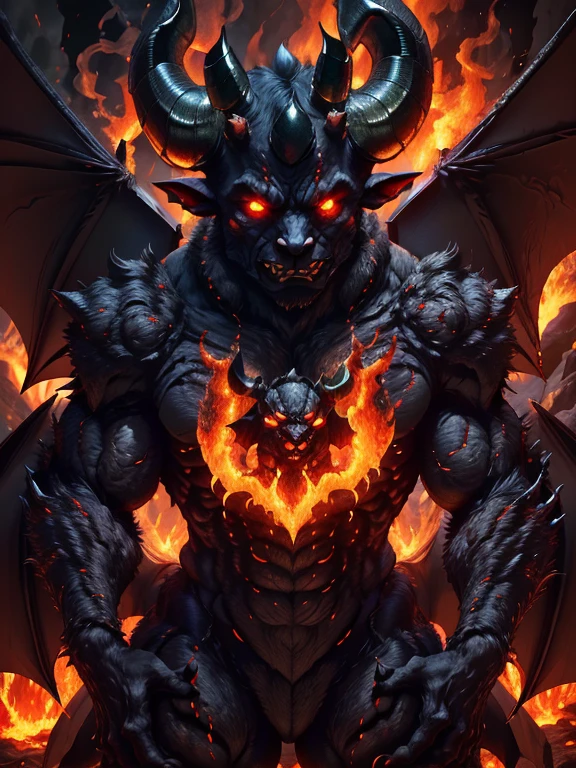 nosferatu zodd monsters forest, zodd is demon form((muscular, giant bat wings, two big head horns, mad, on fire)) , infernal armor