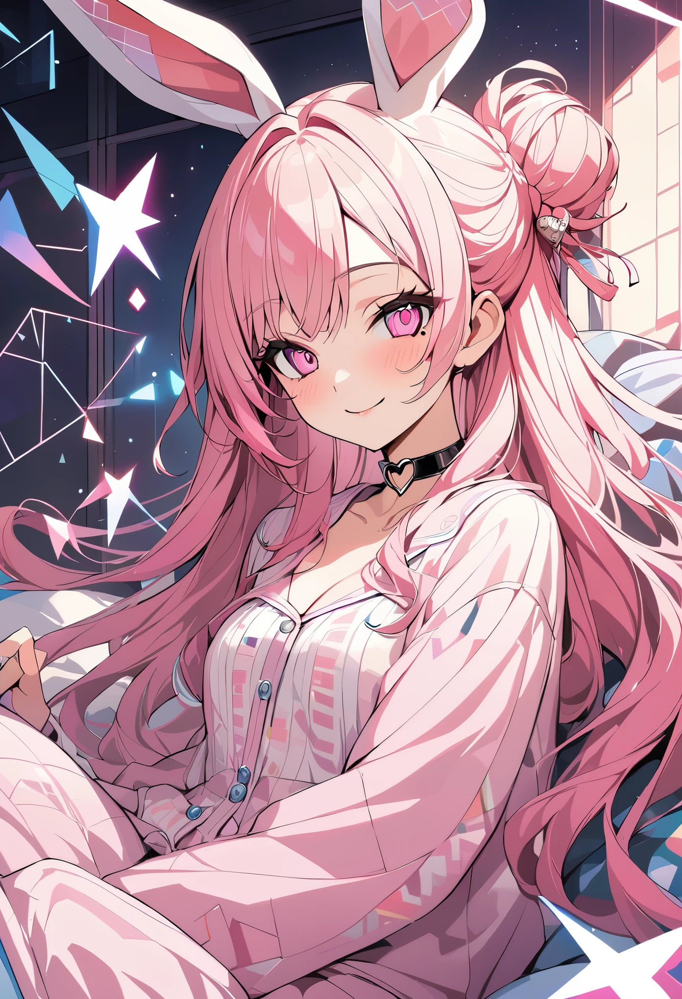 1 girl, pink long hair, heart shaped eyes,Bunny ears, {Pink semi-long hairの女の子、 The name Nami}, (Pink eye color), {night、nightの寝室、dark、electricity、bed、pajamas}, (smile) , mole under eye, heart shaped choker, (masterpiece, highest quality), very detailed, highest quality, official art, beautiful and aesthetic: 1.2), (1 girl), very detailed, (geometry art: 1.3), colorful, most detailed ?d1 girl, Pink semi-long hair, Eye of the symbol, {A girl with long pink bun hair The name Nami}, (Pink eye color), (smile),mole under eye, heart shaped choker, (masterpiece, highest quality), official art, beautiful and aesthetic: 1.2), (1 girl), very detailed, (geometry art: 1.3), colorful