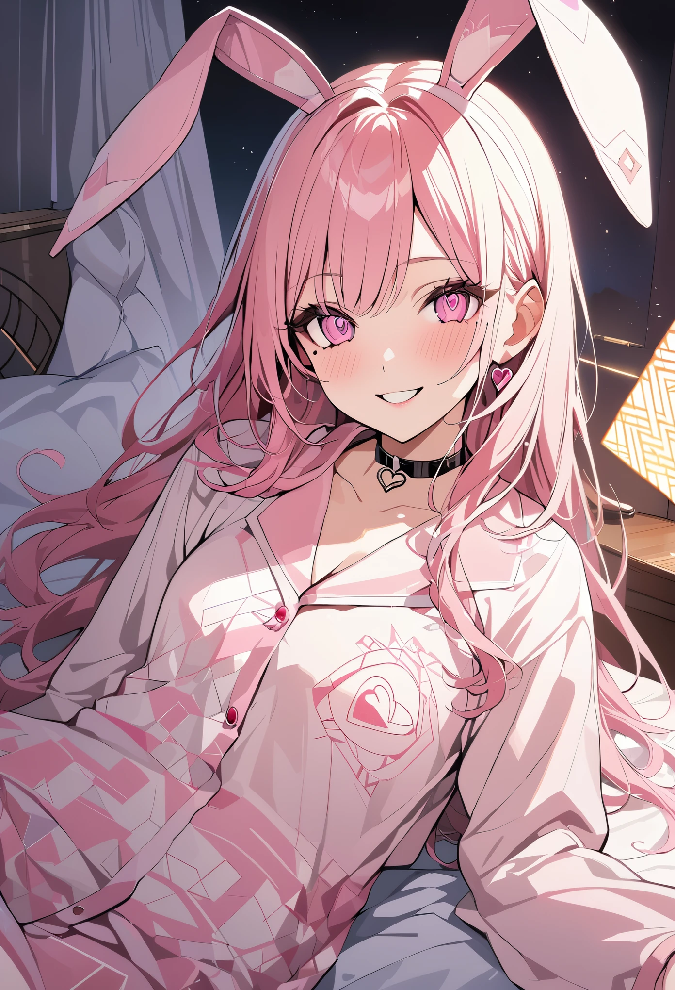 1 girl, pink long hair, heart shaped eyes,Bunny ears, {Pink semi-long hair girl、 The name Nami}, (Pink eye color), {night、Night's bedroom、dark、electricity、bed、pajamas}, (smile) , mole under eye, heart shaped choker, (masterpiece, highest quality), very detailed, highest quality, official art, beautiful and aesthetic: 1.2), (1 girl), very detailed, (geometry art: 1.3), colorful, most detailed ?d1 girl, Pink semi-long hair, Eye of the symbol, {A girl with long pink bun hair The name Nami}, (Green eye color), (smile),mole under eye, heart shaped choker, (masterpiece, highest quality), official art, beautiful and aesthetic: 1.2), (1 girl), very detailed, (geometry art: 1.3), colorful