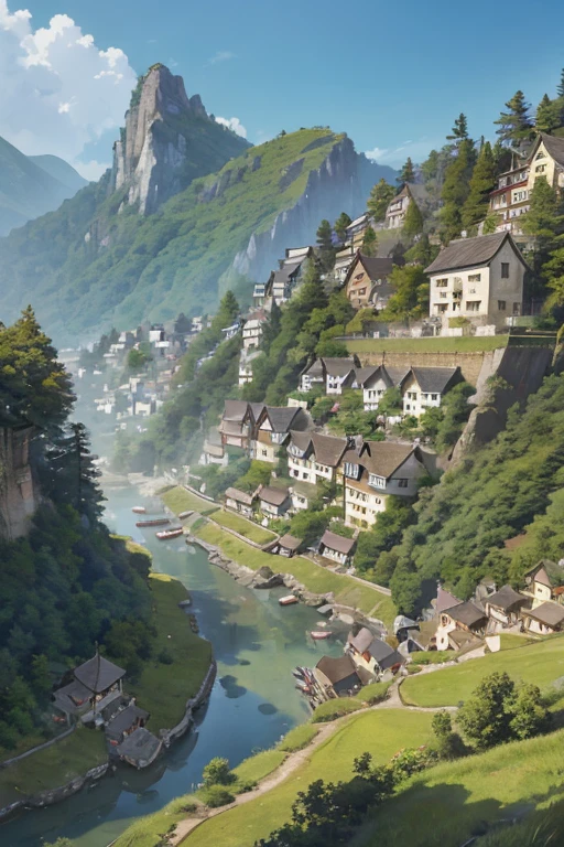 big ghibli town up on the mountain, thatched roofs, early medieval, village on a rocky cliff, tightly packed houses, narrow passages, tight spaces, clustered settlement
