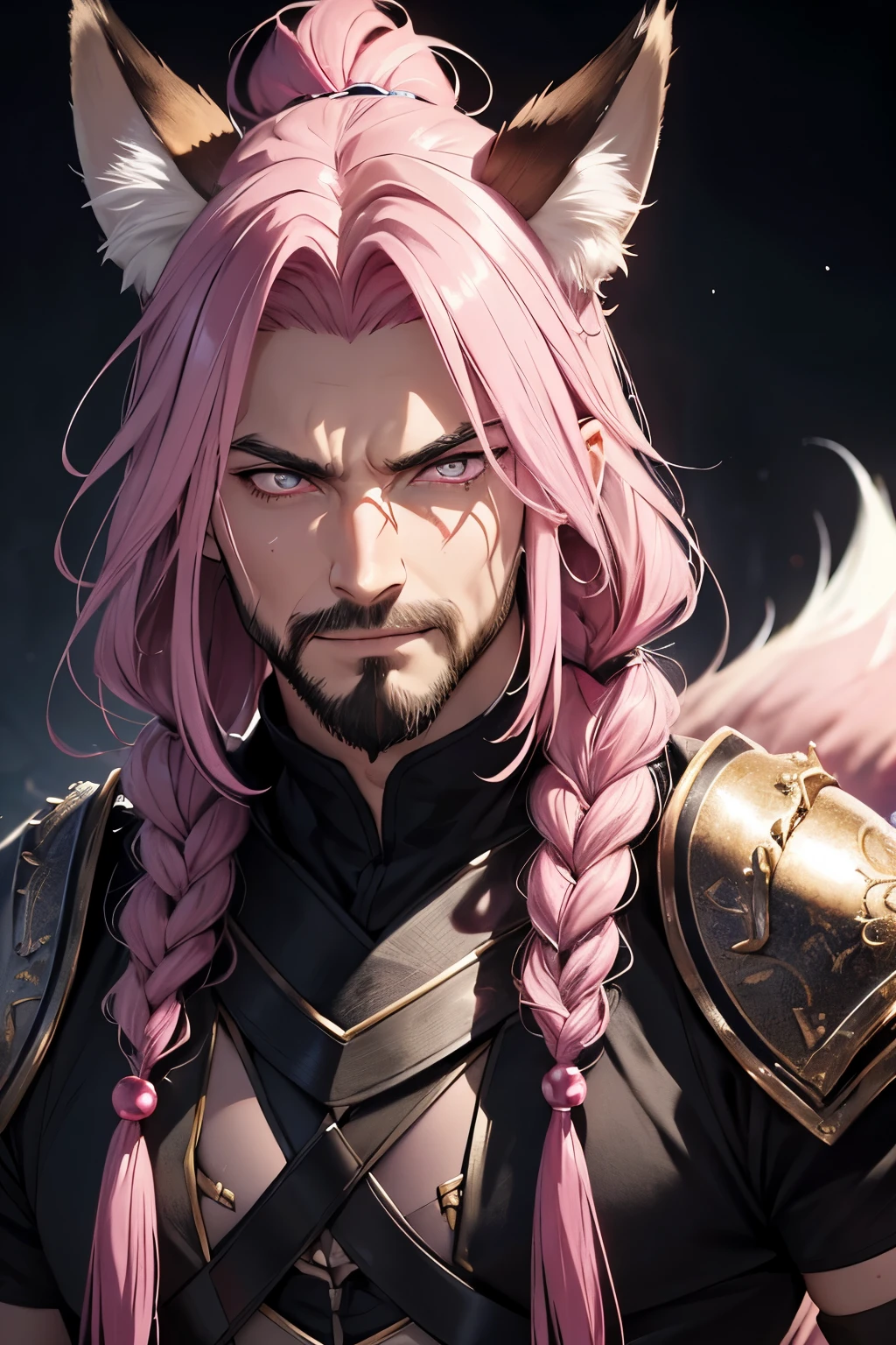 Top quality, Photorealistic, 8K, High Definition, Unity 8K wallpaper, high res, ultra sharp, masterpiece, ((masterpiece)), best quality, intricate details, expressive eyes, perfect face, detailed face, detailed eyes, masterpiece, highly detailed exquisite character art, ultra-realistic, detailed body, ((male focus)),  detailed muscles,detailed muscles, bulge, ((1male)) wet, sweaty, drinking water, older male,fox ears,fox tails,dark pink hair long braid,black japanese armor,bead bracelet,glare,dark pink eyes,japanese palace,dark,lights,dragon tattoo,evil grin,beard stubble,distant
