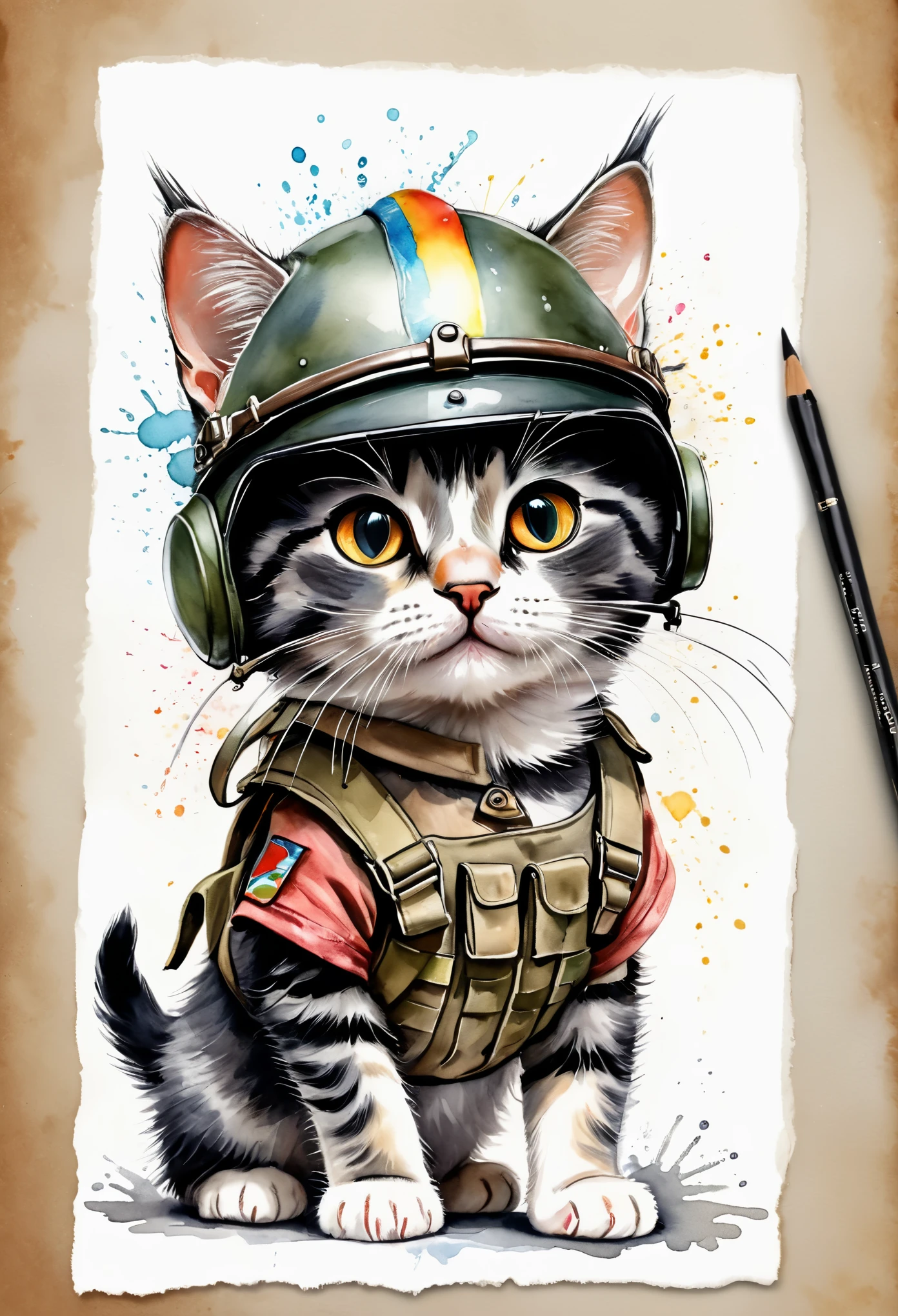 Colorfull watercolor hand drawing, splash design, (best quality, masterpiece:1.2), side view, anthropomorphic, a little cat with black hair wearing googles & soldier helmet, narrow hips, grunge style, simple lines, looking to camera, happy, (natural skin and textile texture, hyperrealism, soft light, sharp:1.2), (intricate details:1.1), hdr, bokeh