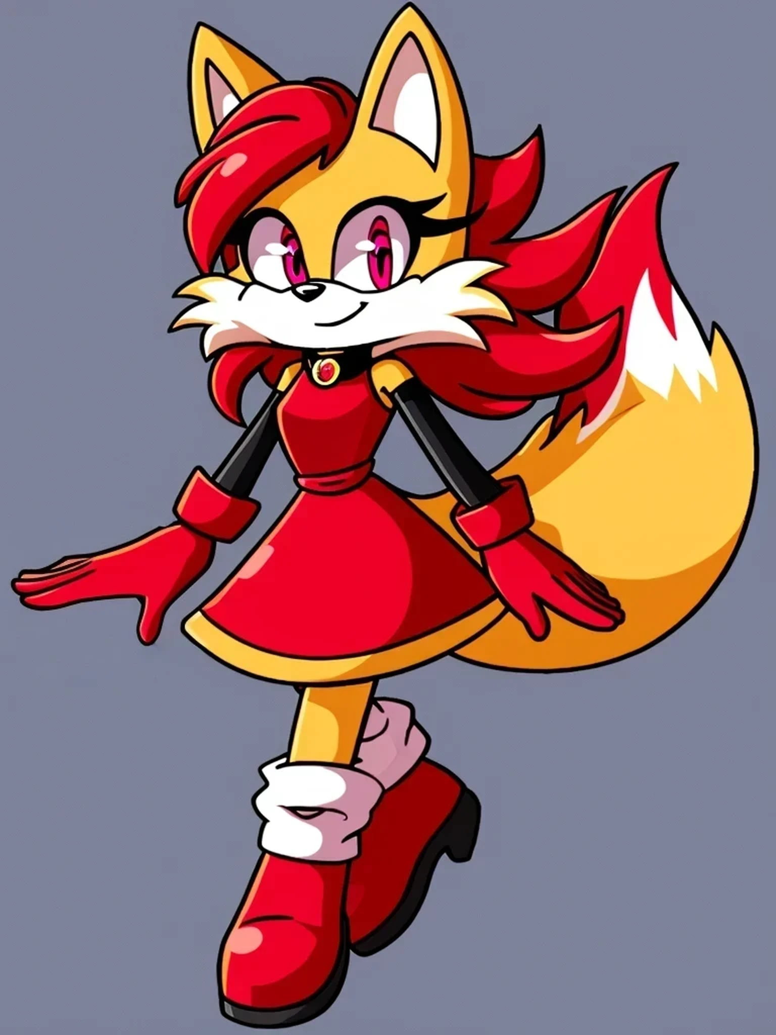 Mobian yellow fox, yellow body, red dress, highly detailed, plain background, smiling, full body, red boots, red gloves, pink eyes, long red hair, 5 fingers