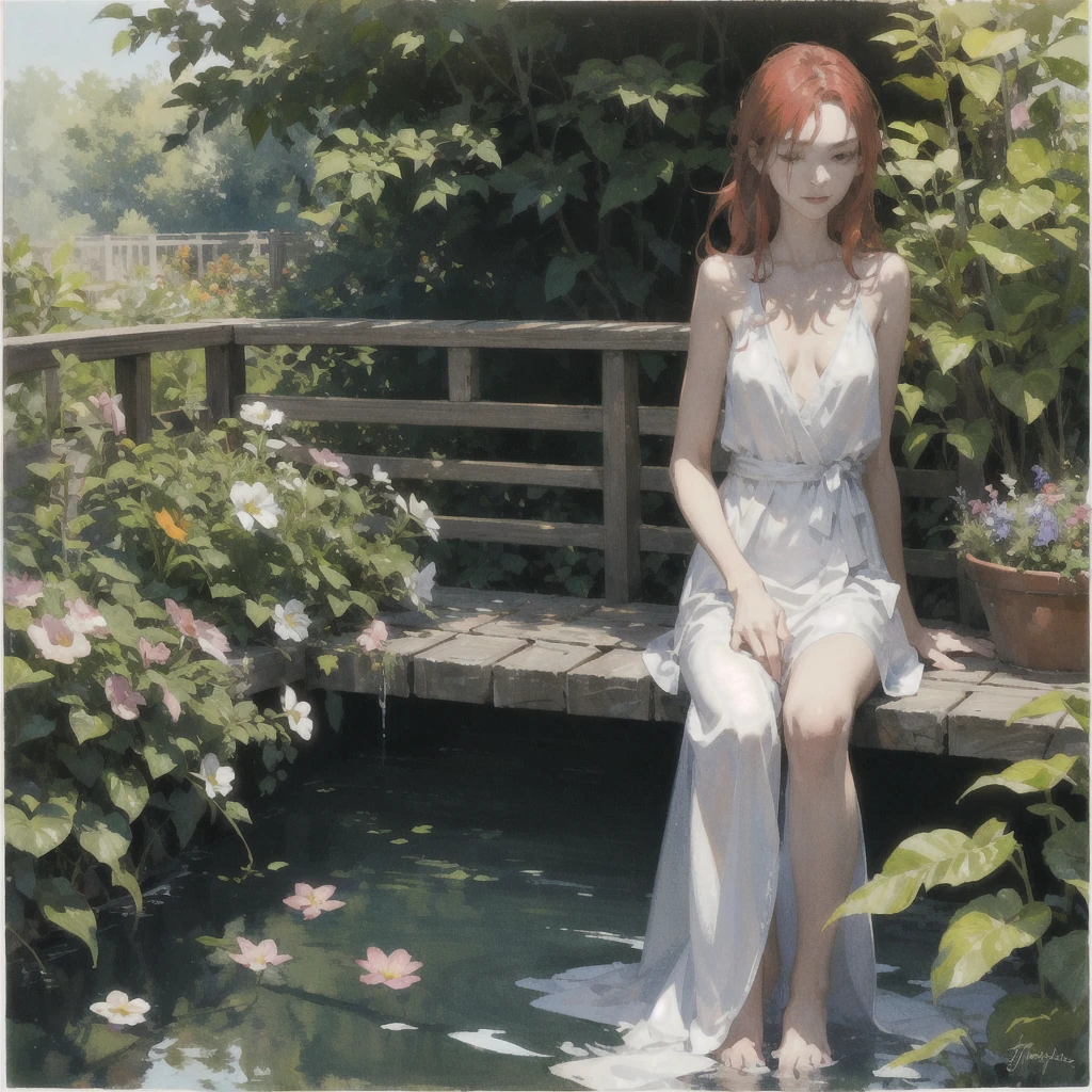 An exquisite slender girl of  with a perfect face with red hair in the rays of the rising sun, naked with tender breasts with pink nipples, barefoot on the veranda in the garden, drinking wine and looking at flowers, in watercolor style, Discreet shades, Flares, imitation of film photography, against the sun, a lot of sun glare, light fills the frame