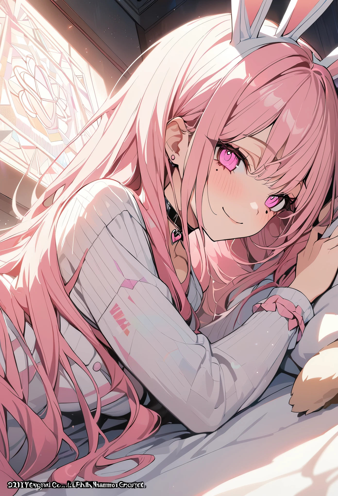 1 girl, pink long hair, heart shaped eyes,rabbit ears, {Pink semi-long hairの女の子、 The name Nami}, (Pink eye color), {night、nightの寝室、dark、electricity、bed、pajamas}, (smile) , mole under eye, heart shaped choker, (masterpiece, highest quality), very detailed, highest quality, official art, beautiful and aesthetic: 1.2), (1 girl), very detailed, (geometry art: 1.3), colorful, most detailed ?d1 girl, Pink semi-long hair, Eye of the symbol, {A girl with long pink bun hair The name Nami}, (Pink eye color), (smile),mole under eye, heart shaped choker, (masterpiece, highest quality), official art, beautiful and aesthetic: 1.2), (1 girl), very detailed, (geometry art: 1.3), colorful