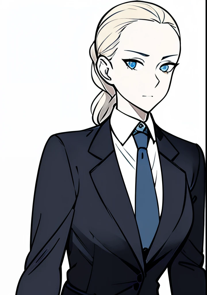 One Young Adult female, pale blonde slicked back into a short ponytail with a single bang on the left hand side, steel blue eyes, light and carefree expression, wearing black suit jacket and tie, portrait style, facing forwards