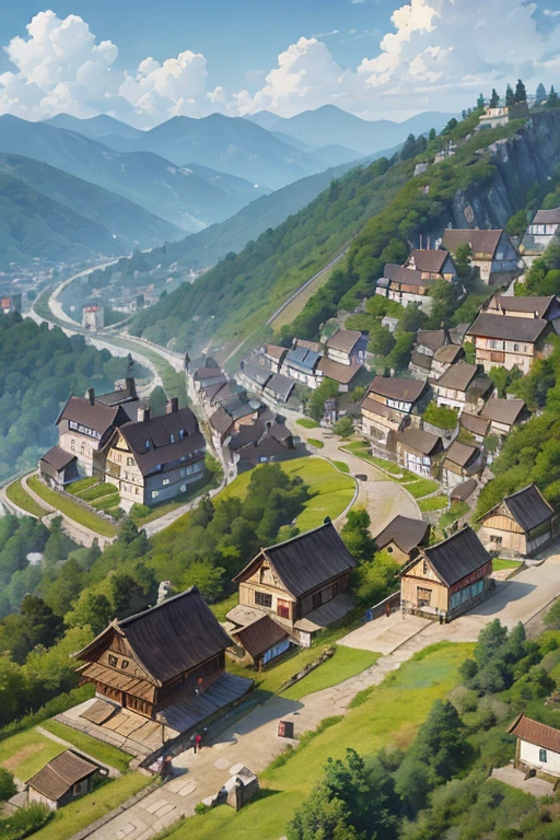 big slavic ghibli town up on the mountain, thatched roofs, early medieval, village on a rocky cliff, tightly packed houses, narrow passages, tight spaces, clustered settlement