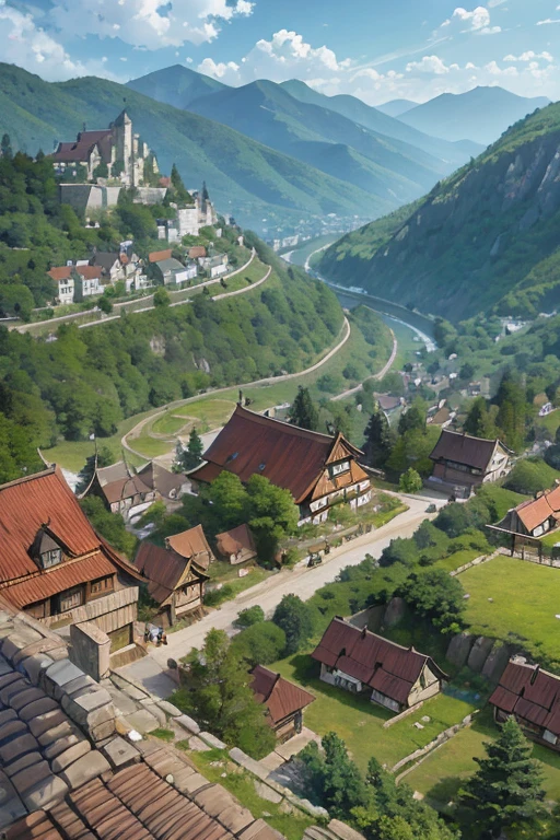 big slavic ghibli town up on the mountain, thatched roofs, early medieval, village on a rocky cliff, tightly packed houses, narrow passages, tight spaces, clustered settlement
