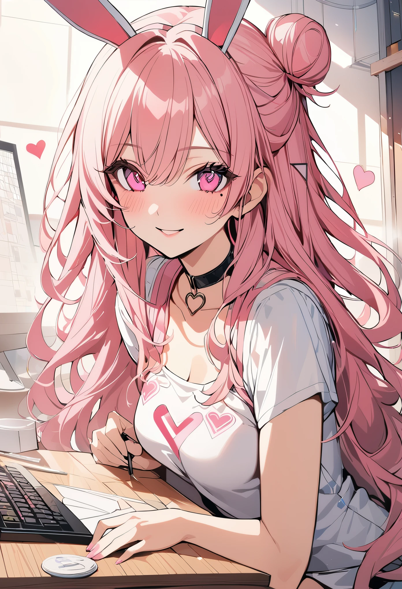 1 girl, pink long hair, heart shaped eyes,Bunny ears, {Pink semi-long hairの女の子、 The name Nami}, (Pink eye color), {office、Business service、disk、computer、coffee}, (smile), bright background , mole under eye, heart shaped choker, (masterpiece, highest quality), very detailed, highest quality, official art, beautiful and aesthetic: 1.2), (1 girl), very detailed, (geometry art: 1.3), colorful, most detailed ?d1 girl, Pink semi-long hair, Eye of the symbol, {A girl with long pink bun hair The name Nami}, (Pink eye color), mole under eye, heart shaped choker, (masterpiece, highest quality), official art, beautiful and aesthetic: 1.2), (1 girl), very detailed, (geometry art: 1.3), colorful