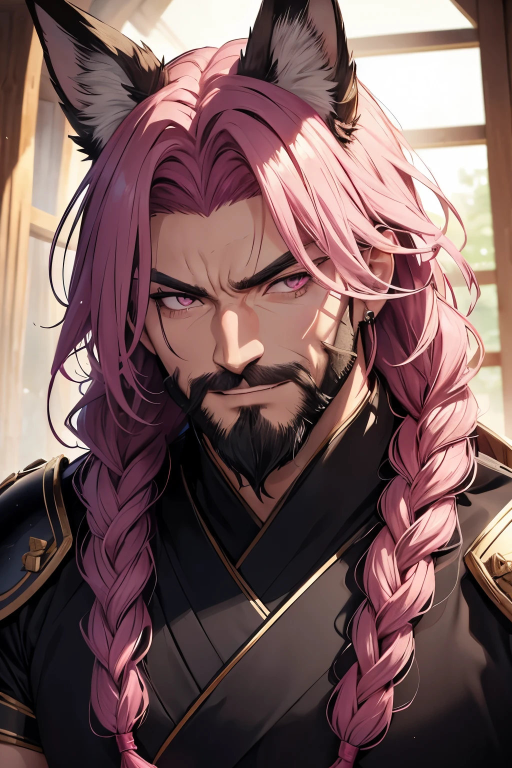 Top quality, Photorealistic, 8K, High Definition, Unity 8K wallpaper, high res, ultra sharp, masterpiece, ((masterpiece)), best quality, intricate details, expressive eyes, perfect face, detailed face, detailed eyes, masterpiece, highly detailed exquisite character art, ultra-realistic, detailed body, ((male focus)), detailed muscles,detailed muscles, bulge, ((1male)) wet, sweaty, drinking water, older male,fox ears,fox tails,dark pink hair long braid,black japanese armor,bead bracelet,glare,dark pink eyes,japanese palace,dark,lights,dragon tattoo,evil grin,beard stubble,distant