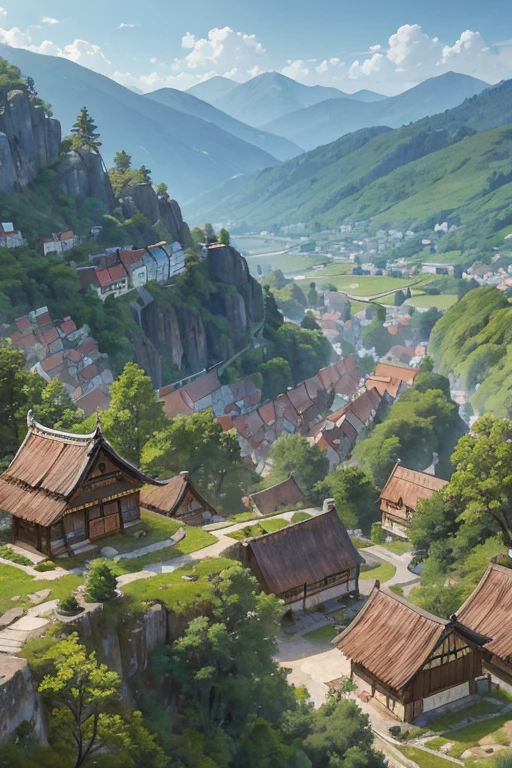 big slavic ((ghibli)) town up on the mountain, thatched roofs, early medieval, village on a rocky cliff, tightly packed houses, narrow passages, tight spaces, clustered settlement
