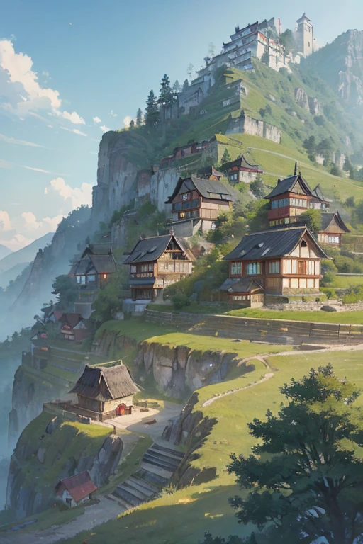 big slavic ((ghibli)) town up on the mountain, thatched roofs, early medieval, village on a rocky cliff, tightly packed houses, narrow passages, tight spaces, clustered settlement