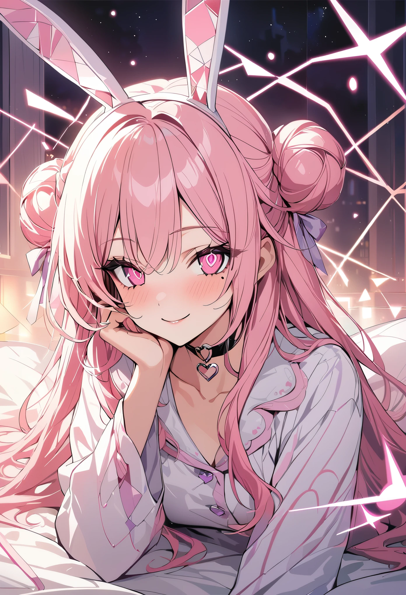 1 girl, pink long hair, heart shaped eyes,Bunny ears, {Pink semi-long hairの女の子、 The name Nami}, (Pink eye color), {night、nightの寝室、dark、electricity、bed、pajamas}, (smile) , mole under eye, heart shaped choker, (masterpiece, highest quality), very detailed, highest quality, official art, beautiful and aesthetic: 1.2), (1 girl), very detailed, (geometry art: 1.3), colorful, most detailed ?d1 girl, Pink semi-long hair, Eye of the symbol, {A girl with long pink bun hair The name Nami}, (Pink eye color), (smile),mole under eye, heart shaped choker, (masterpiece, highest quality), official art, beautiful and aesthetic: 1.2), (1 girl), very detailed, (geometry art: 1.3), colorful