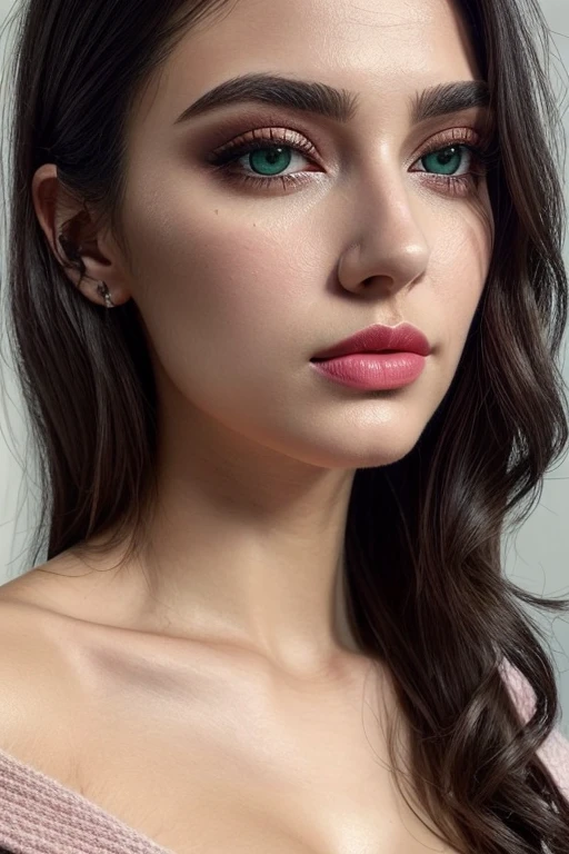 (masterpiece, high quality, best quality:1.3), extremely detailed, realistic, oversized off shoulder minimalist sweater, (hyperrealistic:1.2), fine texture, Extremely high-resolution details, (beautiful:1.2), (white skin), young 25 years old, green eyes, (monolid eyes, arched eyebrows, eyelash, eye contour, eyeshadow:1.2), (thin lips, pink lipstick), (makeup), 157cm tall, (wavy hair), (long hair, black hair:1.4), (everything Detailed),damp, cleavage ,upper waist pose, sexy body, (perfect face, perfect eyes, perfect lips, perfect hair), (Closed mouth:1.5), (detailed lips, detailed eyes, detailed hair, detailed face), natural lighting, full body waist up pose , various shot angle