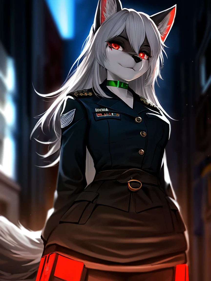 (masterpiece, best quality),altair, furry, furry female, 1girl, red eyes, animal_ears, canid, wolf, green choker, sketch, detailed fur skin, black military dress, sharp focus, fluffy, urban background,, uniform, dual tone fur, HDR, NSFW, black animal nose , ull body solo, tail, white hair, wolf_ears , 8k, (ultra realistic photograph, RAW photograph, anthro furry:1.3), furry, furry female, 1girl, red eyes, animal_ears, electricity, glowing, hair_over_one_eye, looking_at_viewer, black and white fur, sword
