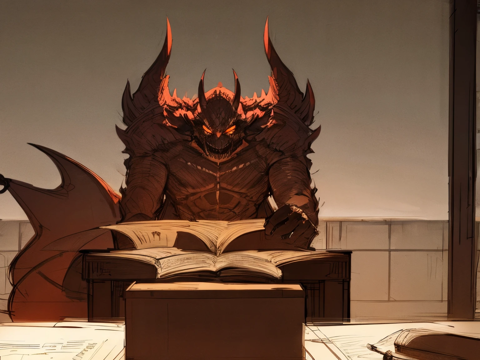 Frightening demon monster sitting behind a table, sketch, scribbled