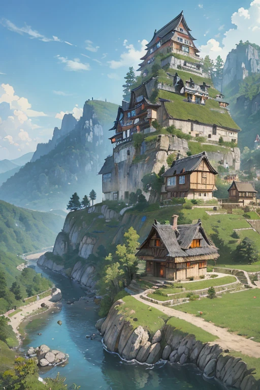 big slavic ((ghibli)) fantasy town up on the mountain, thatched roofs, early medieval, village on a rocky cliff, tightly packed houses, narrow passages, tight spaces, clustered settlement