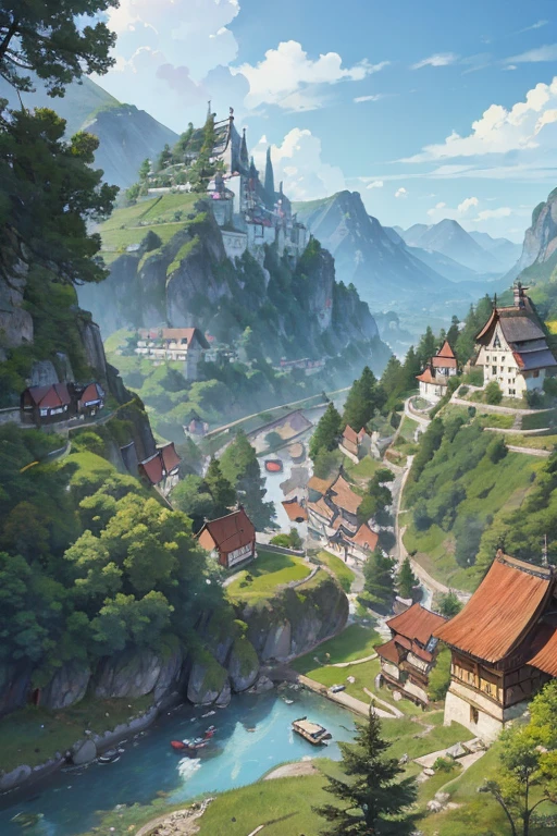 big slavic ((ghibli)) fantasy town up on the mountain, thatched roofs, early medieval, village on a rocky cliff, tightly packed houses, narrow passages, tight spaces, clustered settlement
