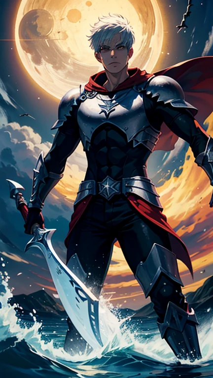Create a warrior shark, usando uma espada Berserk, ao fundo adicione um eclipse solar total