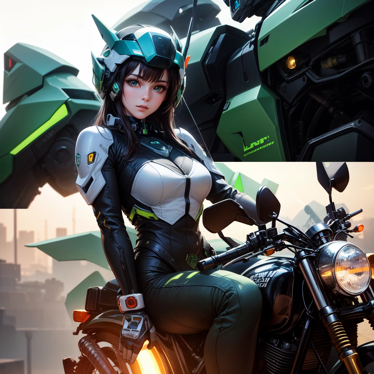 Highest image quality, outstanding details, ultra-high resolution, (realism: 1.4), the best illustration, favor details, highly condensed 1girl, with a delicate and beautiful face, dressed in a black and green mecha, wearing a mecha helmet, holding a directional controller, riding on a motorcycle, the background is a high-tech lighting scene of the future city.