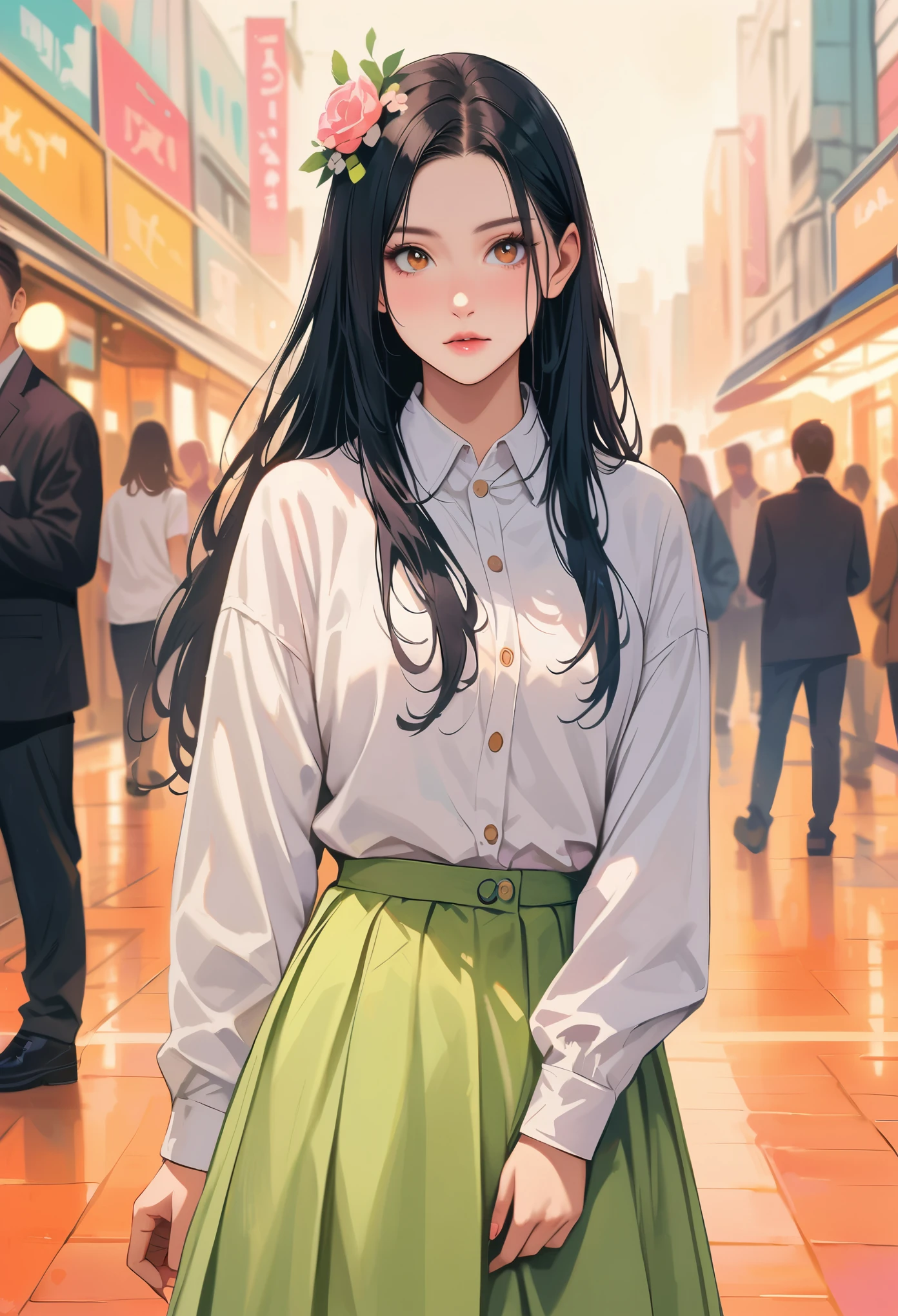photoactual, lip gloss, , actual, best quality, ultra high resolution, depth, pastel colors, Natural shades, focus on face, Just look at the face, looking at the audience, long hair, hair accessories, black hair, brown and detailed eyes, skirt