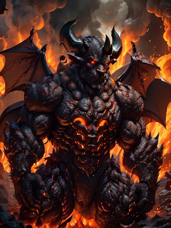 nosferatu zodd monsters forest, zodd is demon form((muscular, giant bat wings, two big head horns, mad, on fire)) , infernal armor