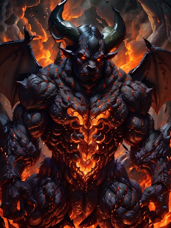 nosferatu zodd monsters forest, zodd is demon form((muscular, giant bat wings, two big head horns, mad, on fire)) , infernal armor