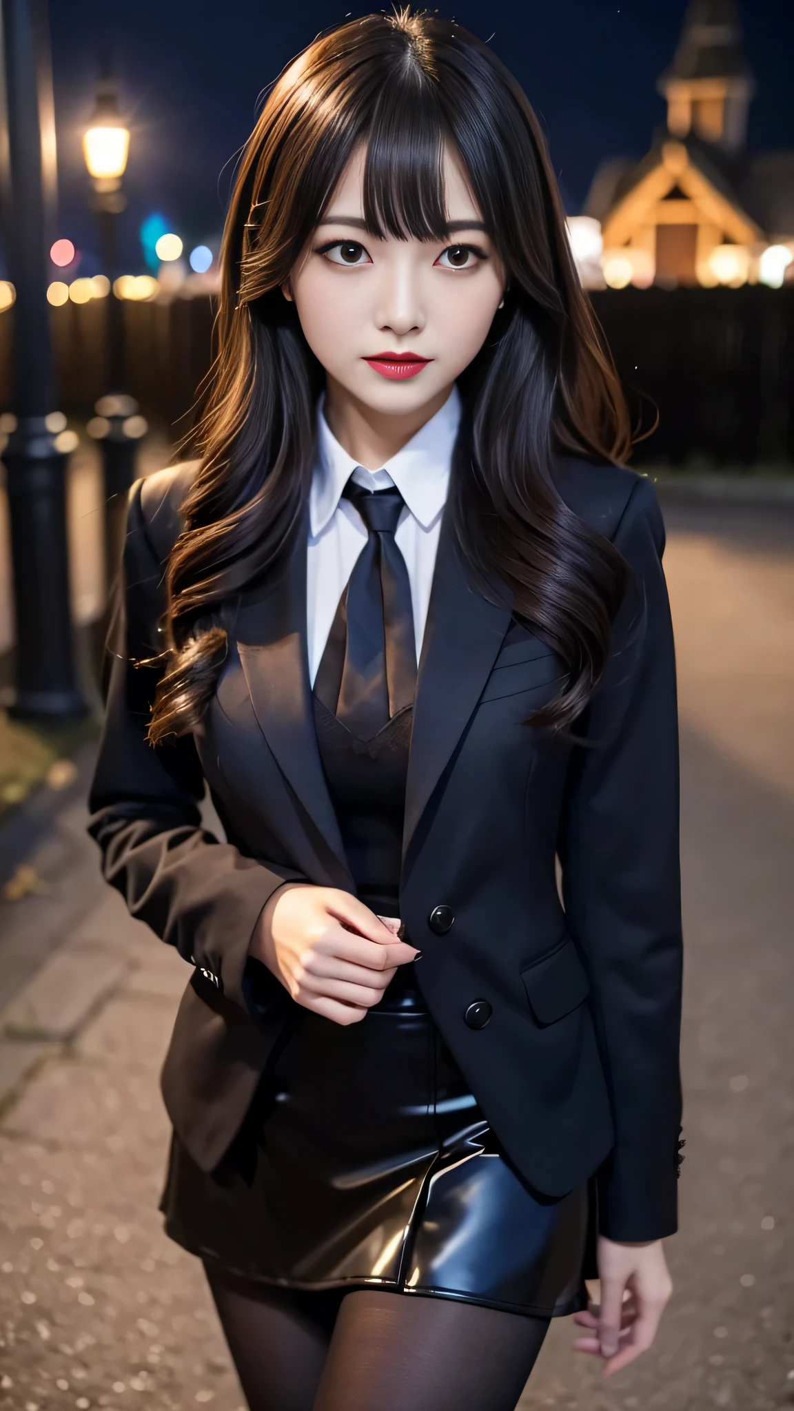tra-detailed、2girls、Japanese、attractive beauty、seductive adult woman、pretty woman、piercing eyes、cool girl、wavy hair、swept bangs、suit、Jacket、blouse、ribbon、Tight Skirt、pantyhose、beautiful feet、Evil cadres、evil depravity、brainwash、mind control、lipstick、lip gloss、dark makeup、smirk、Evil expression、evil、hollow eyes,half-closed eyes、empty eyes、evil、church at night、vampire、succubus、vampire、Swear allegiance、stand