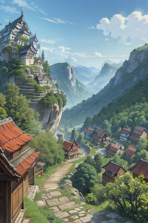 big slavic ((ghibli)) fantasy town up on the mountain, thatched roofs, early medieval, village on a rocky cliff, tightly packed houses, narrow passages, tight spaces, clustered settlement, ((Ghibli style))
