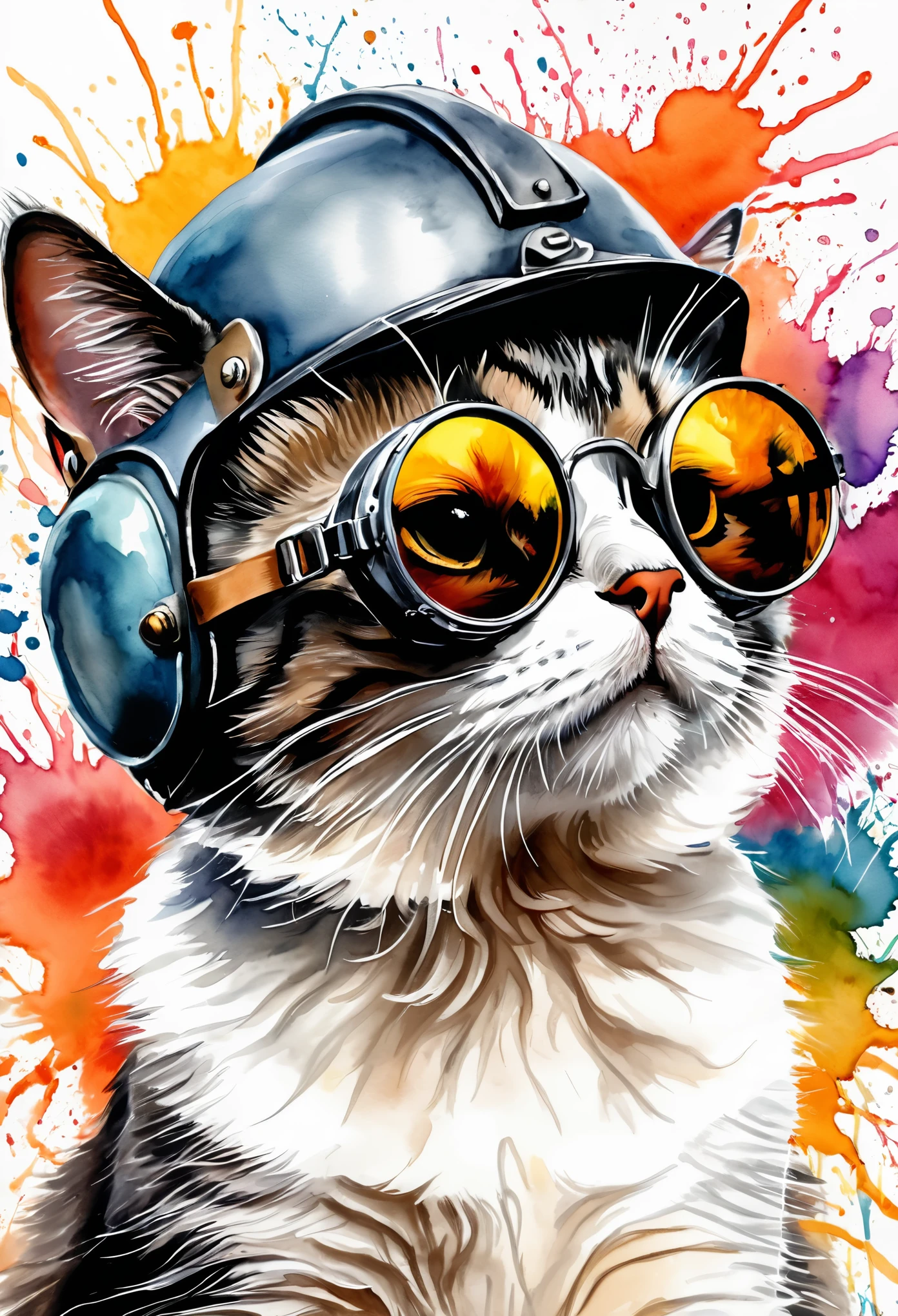 Colorfull watercolor hand drawing, splash design, (best quality, masterpiece:1.2), side view, anthropomorphic, a little cat with black hair wearing googles & soldier helmet, narrow hips, grunge style, simple lines, looking to camera, happy, (natural skin and textile texture, hyperrealism, soft light, sharp:1.2), (intricate details:1.1), hdr, bokeh