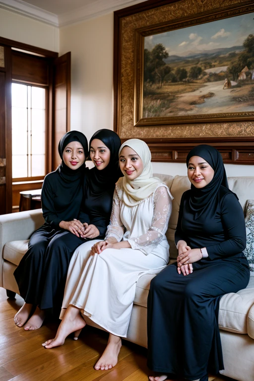 photo of an Indonesian family, four members, one adult men aged 35 years, one adult women aged 35 years, one boy aged 15 years, and one girl aged 7 years. They are compactly wearing typical Malay koko clothes and navy long dresses, harmonious, uniform, wearing hijabs, looking luxurious, sitting on the sofa, luxurious living room background, white lighting, realistic, ultra HD, 8k, clear, focused.